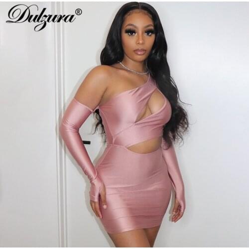 Dulzura Hollow Out Women Mini Dress Long Sleeve Gloves Off Shoulder Bodycon Sexy Party Streetwear 2020 Autumn Winter Club Solid