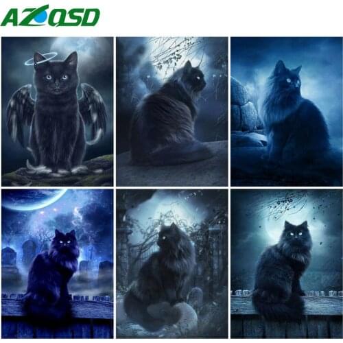 AZQSD Diamond Art Black Cat Cross Stitch Diamond Embroidery Animal Full Square Drill Handmade Home Decor Gift Rhinestones