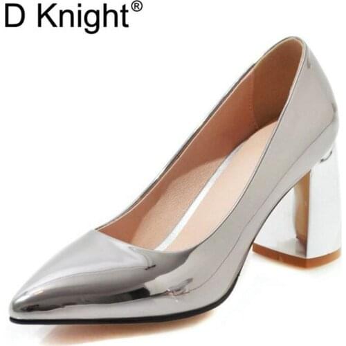 Plus Size 33-48 Classic Pumps Fashion Wedding Shoes Gold Silver Women High Heels Square Heel Women Shoes Sexy Patent Party Shoes