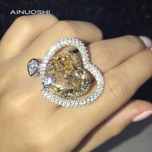 AINUOSHI 14K/18K White & Rose Gold Two-Tone 16.5X18.5mm Heart Shape 20ct Yellow AINUOSHI Stone Double Halo Party Rings for Women