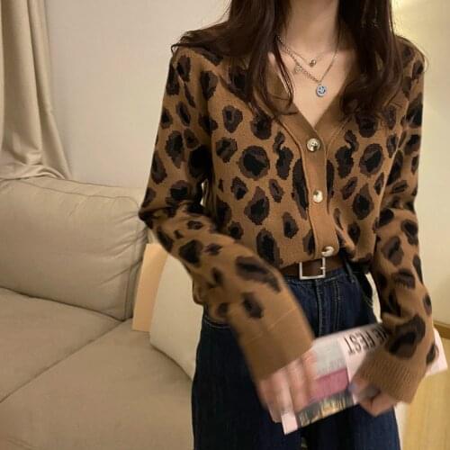 Short Leopard Print Sweater Cardigan Jacket Knitwear Spring and Autumn 2021 New All-match Outer Wear Long Sleeve Base Top