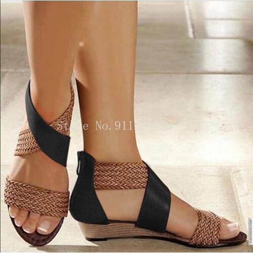 2021 Fish Mouth Leather Canvas Women Weave Wedge Heel Shoes Zipper Sandals Casual Beach Sandals Roman Shoes