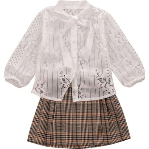 1-6Years Toddler Baby Girl Long Sleeve Bowknot Lace Tops Pleated Plaid Skirt Dress Outfit