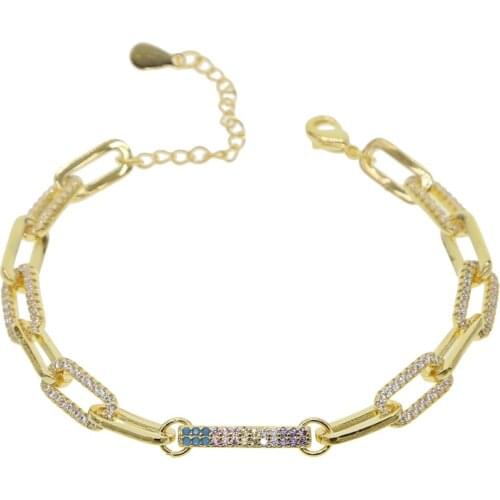 Fashion gold color women man hip hop bracelet with colorful cz paved bar charm bracelet