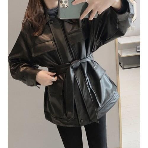 Autumn Loose Big pockets soft Faux PU Leather jacket Women Turn-down collar Long sleeve Plus size Biker Leather coat With belt