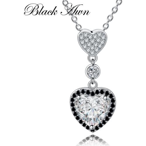 [BLACK AWN] Real 925 Sterling Silver Necklace Heart Womens Black Spinel Necklaces Pendants Gift for Girl P156