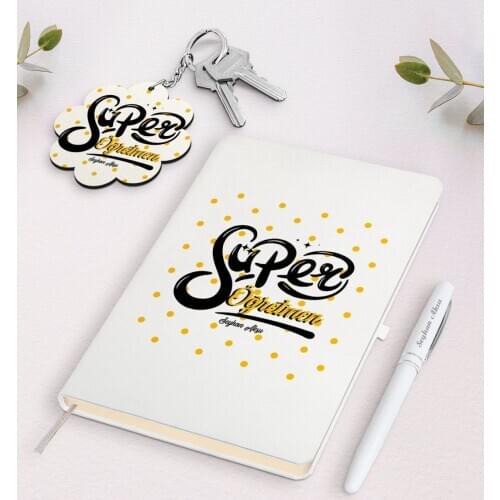 Personalized Super Teacher White Notebook Pen and Keychain Gift Set Reliable Quality Gift Casual Design Moment