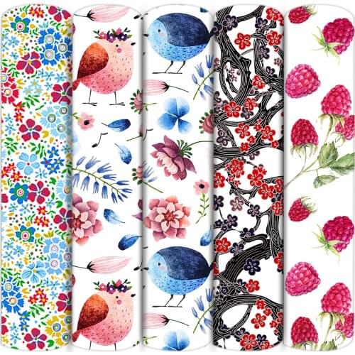 Raspberry Birds Print Polyester Cotton/4wayStretch Fabric Patchwork Sewing Kid Home Textile Cloth Quilting Dress Headband,c17204