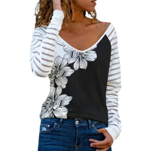 V-neck Women Tops Long Sleeve Loose Top Stripes Letters Print T-shirt Spring Streetwear Women Clothing топик женский 2021