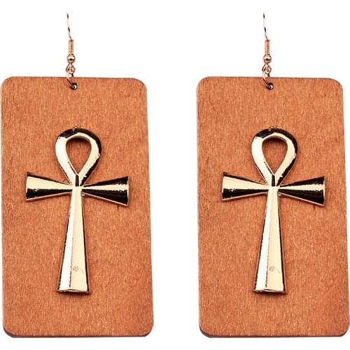 Vintage Gold Cross Earrings Statement Personality Style Boho Fashion Jewelry Jewelry Drop Square Wooden Earring For Woman Gifts