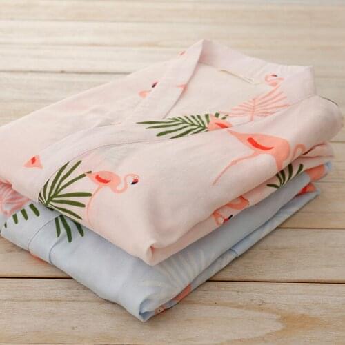 Japanese small fresh green leaf Flamingo cotton Double gauze Ladies pajamas Long sleeve trousers pyjamas Kimono suit