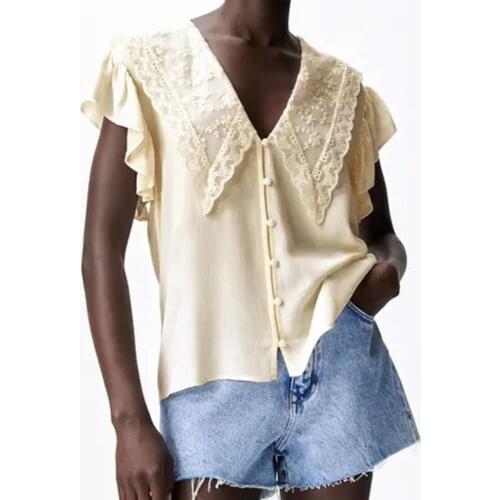 XEASY 2021 Summer Women Vintage Cotton Solid Sweet Single Breasted Shirt Female Butterfly Sleeve Streetwear Shirts Ladies Casual