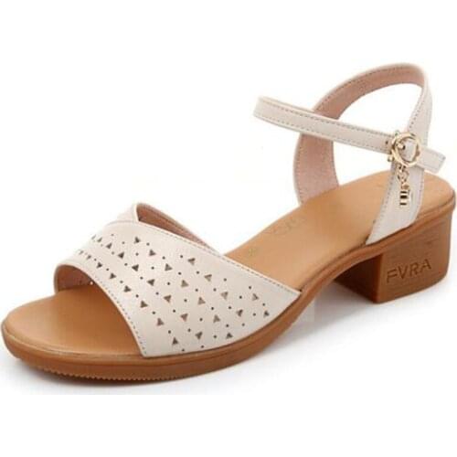 2021 Summer New High Quality Soft Cowhide Leather Sandals Soft Bottom Hollow Women Sandals Large Size Sandals High Heel Sandals