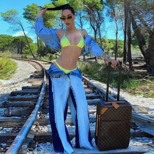 Casual Denim Patchwork Women Trousers High Waist Hit Color Long Wide Leg Pants For Female Fashion Autumn 2020 Tide Clothing