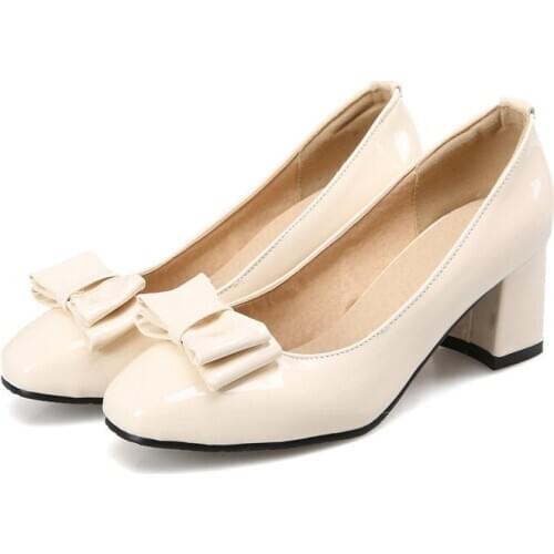 Big Size Square head bow decoration shoes ladies high heels women shoes woman pumps