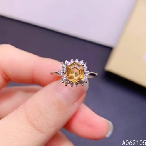 925 pure silver Chinese style natural Citrine womens popular trendy hexagon adjustable gem ring fine jewelry support detection