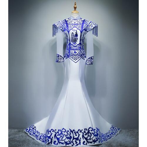 100%real masquerade blue and white porcelain pattern traditional cosplay court long dress stage/stuido Gown queen Victorian