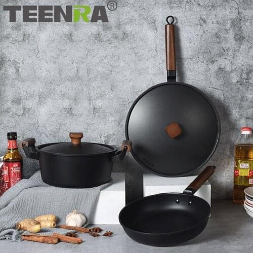 TEENRA Non-stick Pan Wok Cooking Cookware Set kitchen Steak Egg Frying Pan Multipurpose Soup Pot Iron Pot Uncoated Pan Cookware