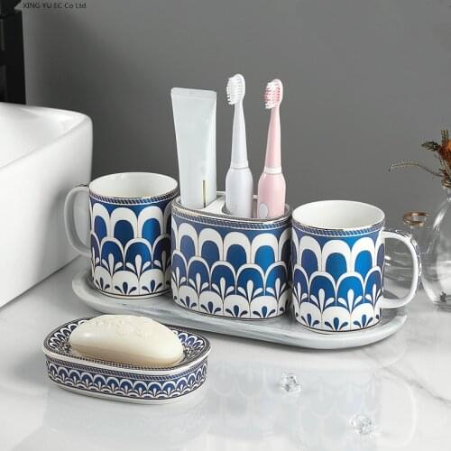 Household Bathroom Decoration Accessories Toothpaste Dispenser Blue Striped Ceramic Toothbrush Holder Soap Dish Lotion Bottle