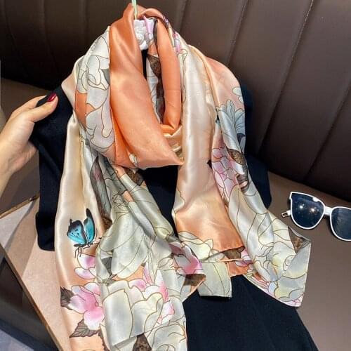 Elegant Ladies Silk Shawl Scarf For Women Flower Butterfly Printed Long Neck Wraps Spring Autumn Headscarf