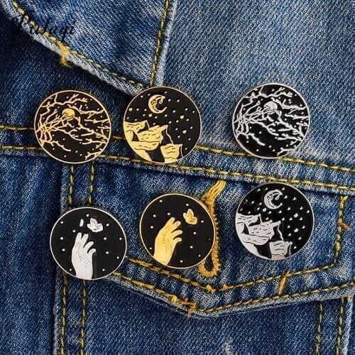 Catch Butterfly Branches Night Moon Mountain Enamel Pins Set Brooch Punk Dark Denim Coat Pin Black Shirt Badges For Backpack