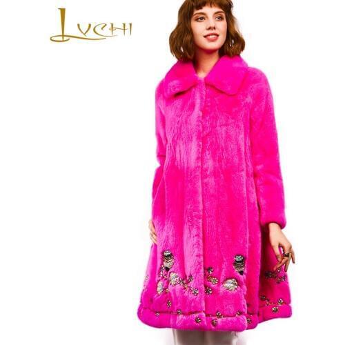 LVCHI Winter 2019 Imported Velvet Mink Coat Womens Turn-Down Collar Natural Fur Coat Mink Coat Beading Medium Mink Fur Coats