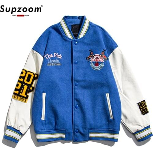 2021 New Arrival Fashion Casual Single Breasted Thick Embroidery Baseball Uniform Character Rib Sleeve Bomber Jacket Men Loose