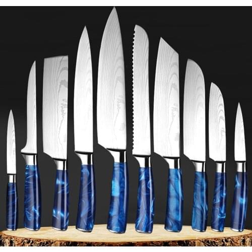 Kitchen Knives Set Stainless Steel Laser Damascus Pattern Chef Santoku Cleaver Slicing Utility Gyuto Boning Knife Tool