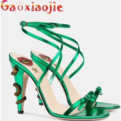 Microfiber Sexy One Word Band Bow Womens Sandals Chic Mini-Snake Heel Cross-Tied Ribbon Stiletto Summer Fashion High Heel Shoes