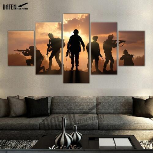 Modern Military Soldiers Silhouettes Pictures 5 Piece Canvas Painting Wall Art Prints For Living Room Home Decor with Frames