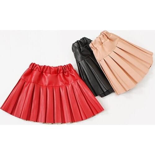 4-12T School Girls Pleated Skirt Spring Autumn Pu Leather Kids Skirts for Girls Elastics Waist Children Short Clothing Christmas