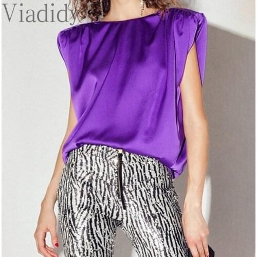 Women Summer Elegant Solid Color Satin Top with Shoulder Pads