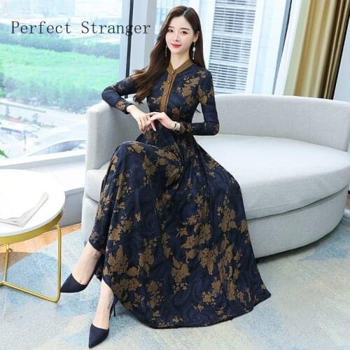 2021 Autumn Winter New Arrival Vintage Dress Cheongsam Style Color Block Stand Collar Long Sleeve Women Long Dress