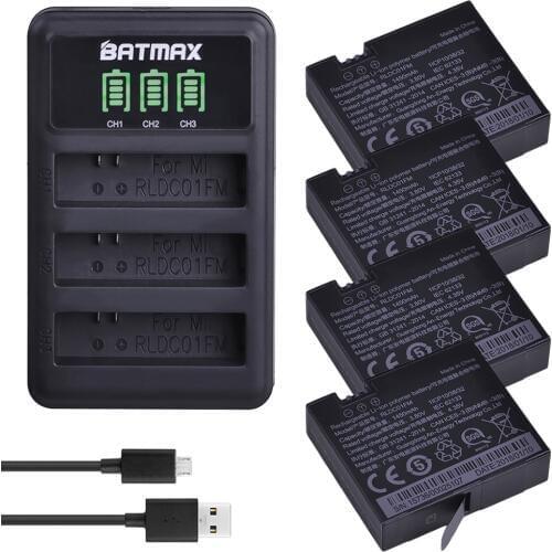 4Pcs Batmax Original Mijia Battery + LED 3-slots USB Charger for Xiaomi Mijia Mini Action Sports Camera Battery Accessories