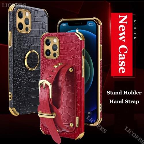 For iPhone 12 Pro Max Mini 11 SE 2020 XS XR X 7 8 6S Plus Case Plated Crocodile Texture PU Leather Cover Wristband Stand Holder