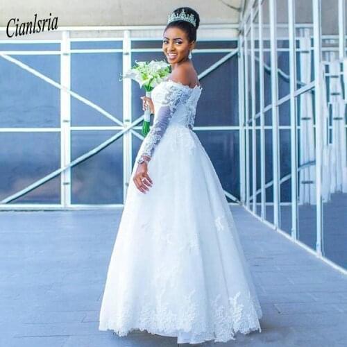 Elegant Off The Shoulder Long Sleeve Nigerian African Wedding Dress Boat Neck Appliques Lace Custom Made Bridal Wedding Dresses