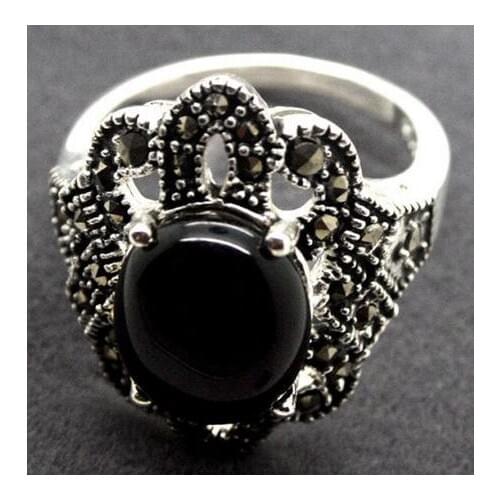 PRETTY NATURAL BLACK 925 STERLING SILVER MARCASITE RING SIZE 6/7/8/9