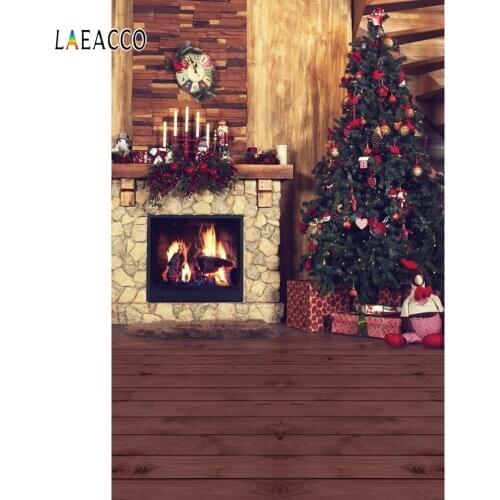 Laeacco Christmas Tree Fireplace Gifts Clock Candle Wooden Floor Photography Backdrops Photo Backgrounds New Year Photophone