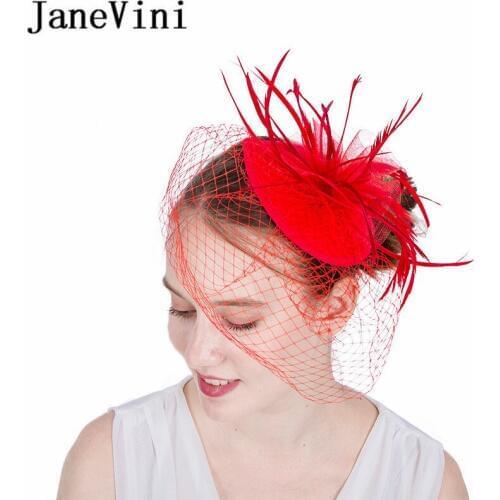 JaneVini Hot Selling Bride Facinator Hat Red Feathers Net Veil Bridal Headband Hair clip Wedding Hat Party Hair Birdcage Veil