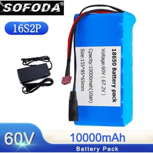 60V 10Ah 16S2P 18650 lithium battery pack T-plug 67.2V 10000mAh electric bicycle scooter with 20A BMS discharge 1000 watts