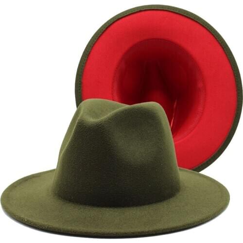 New Outer Army Green Inner Red Patchwork Wool Blend Vintage Men Women Fedora Hats Trilby Floppy Jazz Belt Buckle Felt Sun Hat