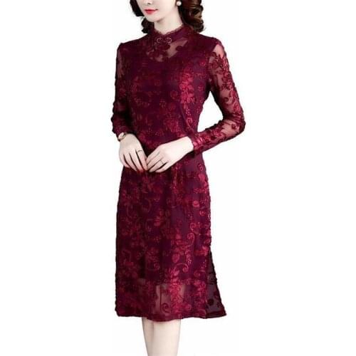 2021 New Women Spring Silk Dress Ladies Elegant Large Size Lace Dress Female Sexy Mesh Autumn Casual Office Primer Dresses OK845