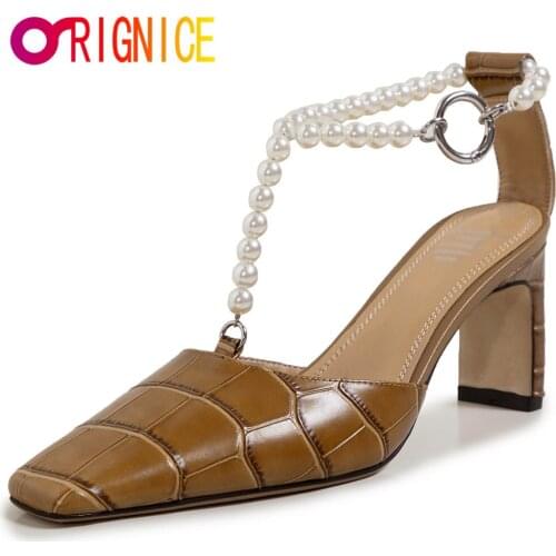 Orignice Spring Summer Fashion Women Pumps T-Strap Pearl Square Toe Thick Heel Cow Leather Shallow Party Wedding Casual Shoes
