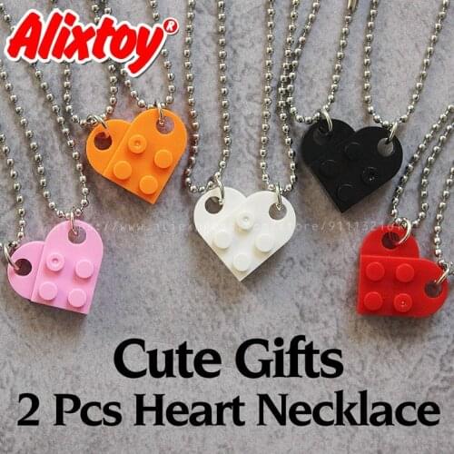 2Pcs Cute Love Heart Brick Pendant Necklace for Couples Friendship Women Men Girl Boy Elements Valentines Day Jewelry Gift