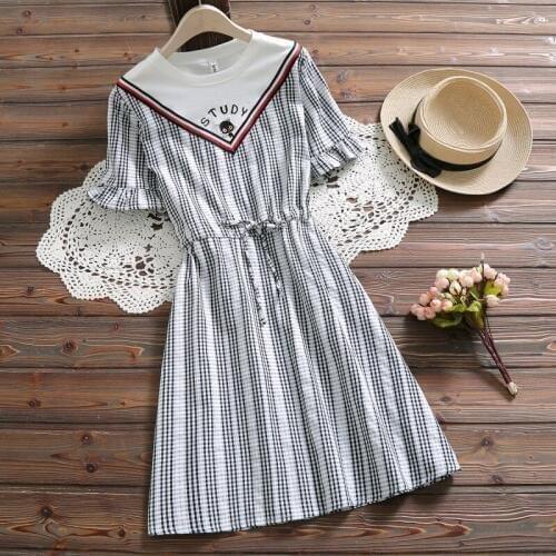 Mori girl cute kawaii embroidered cat dress new summer fashion O-Neck short sleeve casual sweet plaid dress