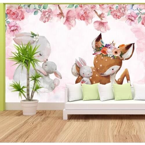 Custom Cartoon Cute Rabbit Pink Floral Girls Bedroom House Living Room Wall Decoration Decor Decal Wallpaper Murals Rolls Prints