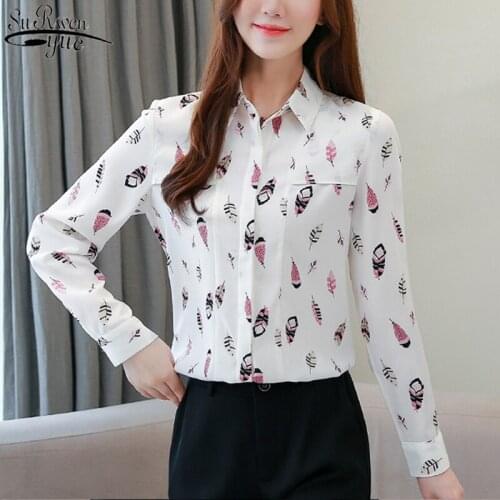 POLO-collar Shirt Printed Feather Long Sleeve Silk Shirt Simple Floral Top Female Office Lady Chiffon Blouse Autumn New 10728