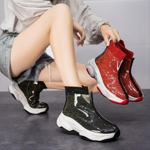 2020 Winter Women Ankle Platform Boots Pink,Gray,Red,Black,Blue,Purple Boots Stockings Stretch Waterproof Water Rain Boots