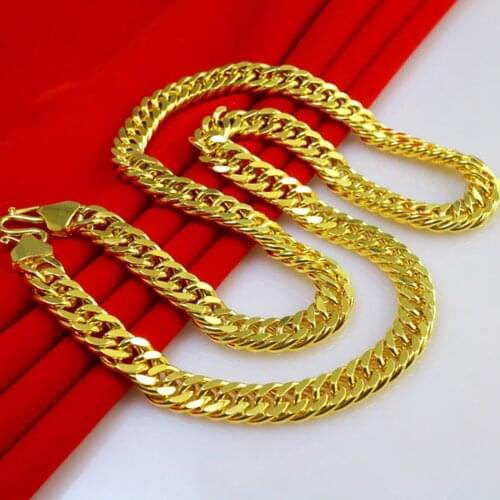 Thick Heavy Double Curb Chain Solid Yellow Gold Filled Mens Necklace 10mm Wide