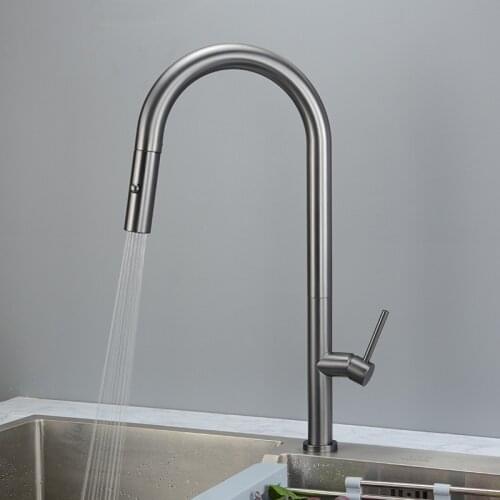 Pull Out Kitchen Faucet Gun Gray SUS304 Stainless Steel Kitchen Sink Mixer Tap with Pull Out Sprayer Single Hole Deck Mounted